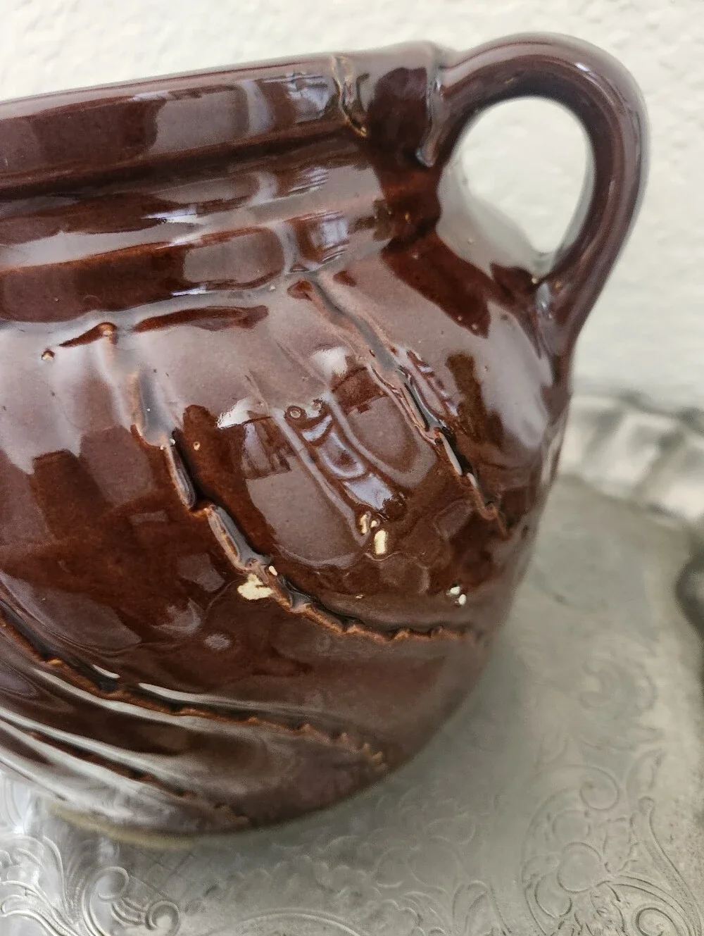 Vintage Brown Swirl Pattern Crock Vase With Handles Glazed